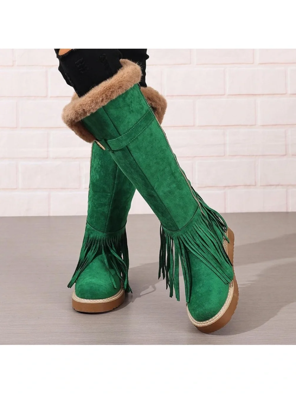 Green Fringe Faux-Suede Knee Boots with Faux-Fur Cuff